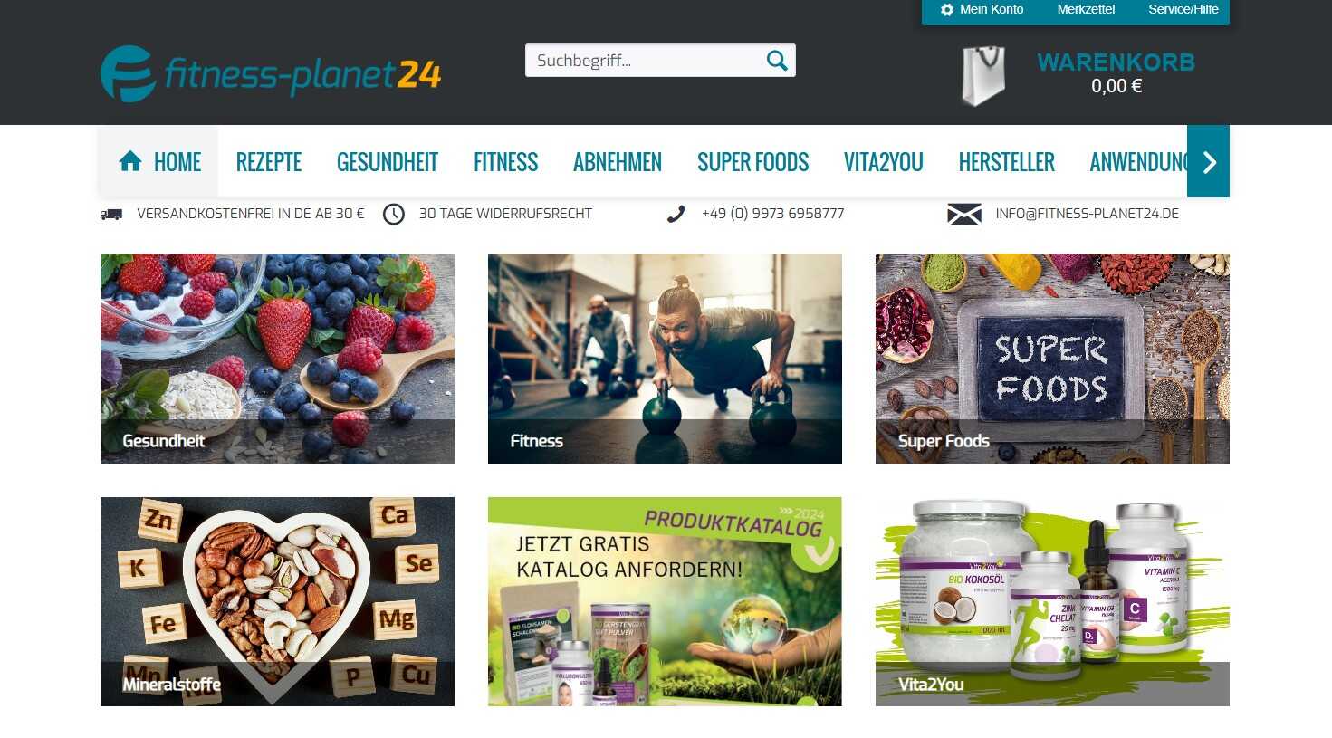 Fitness-planet24 Homepage mit Supplements und Super Foods