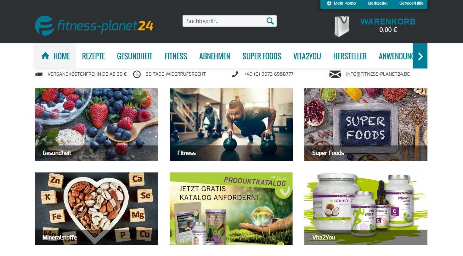 Fitness-Planet24 Homepage mit Supplements und Super Foods