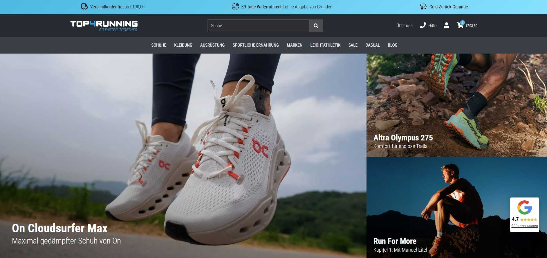 vielfältiges Schuhangebot auf der Webseite Top4Running