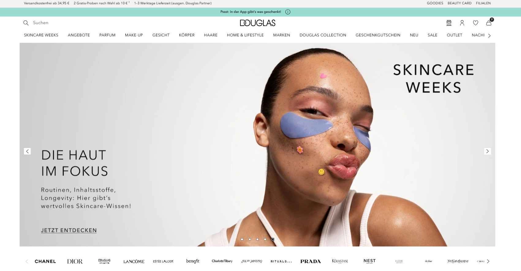 Douglas Homepage mit Angeboten für die Skincare Weeks