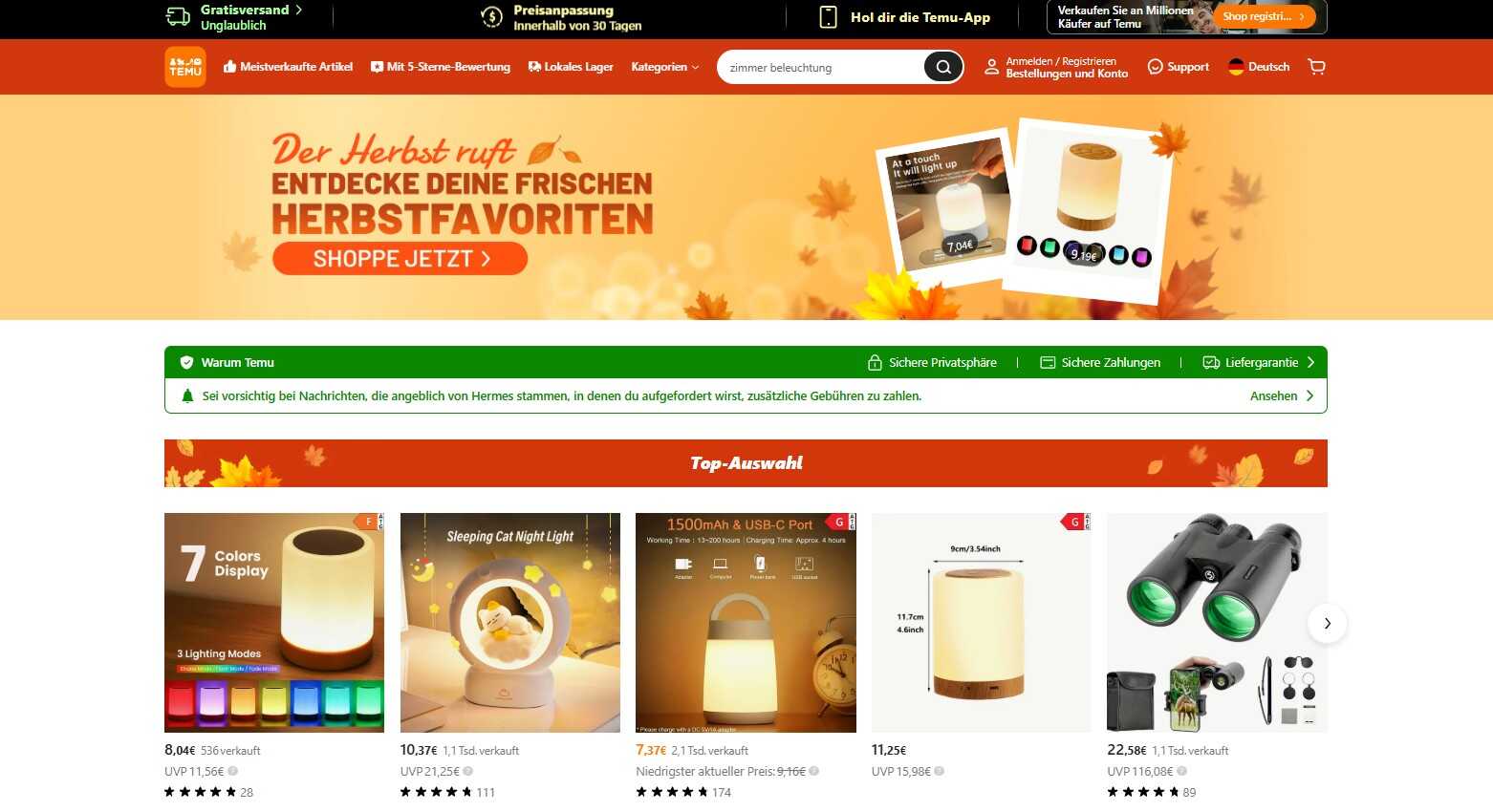 Temu-Homepage mit frischen Herbstfavoriten