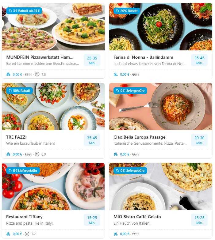 bunte Auswahl an Pizza- und Nudelgerichten