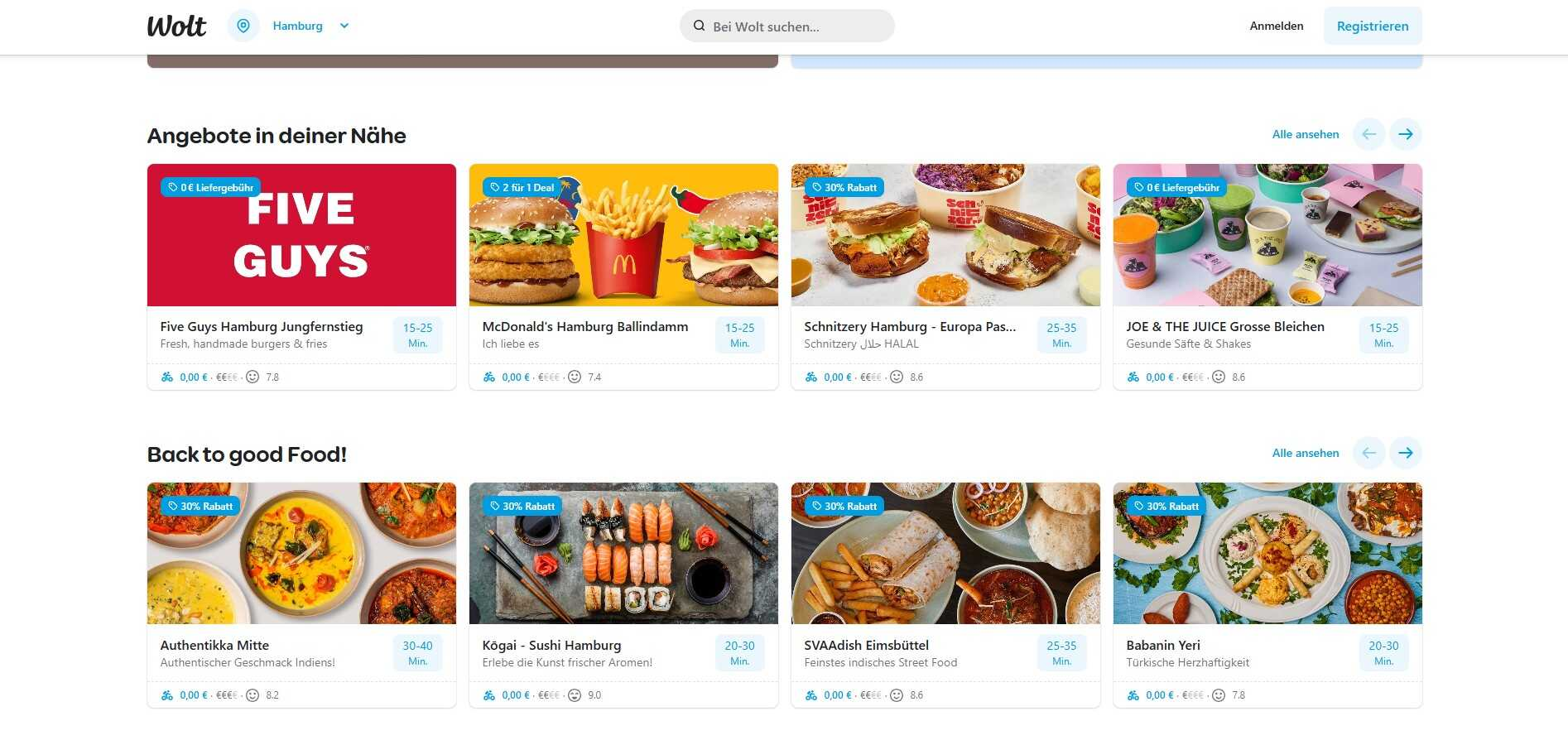 Wolt Webseite mit Angeboten der unterschiedlichsten Restaurants